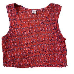 Devi Smocked Crop Top Floral‎ Sleeveless Red Blue Women's Size Medium / Large
